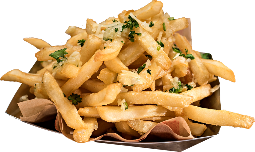 Photo of crispy garlic fries topped with garlic, parmesan, and parsley. Check out our affordable appetizers and cheap tapas during Happy Hour at Me-n-Ed's Coney Island Grill!