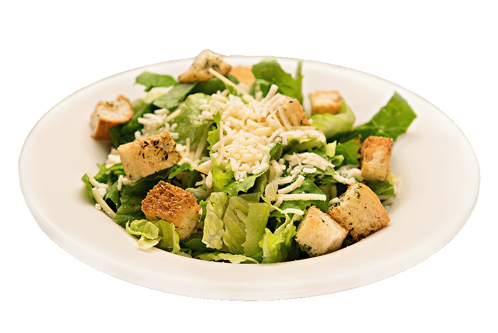 Photo of a delicious caesar salad topped with croutons and parmesan cheese, available at Me-n-Ed's Coney Island Grill.