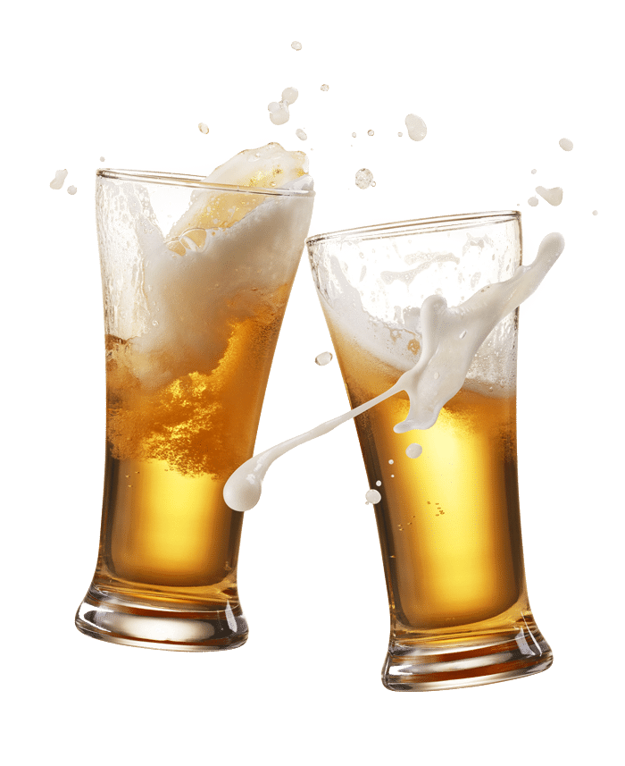 Photo of two beer glasses clicking together with foam spilling out. Me-n-Ed's Coney Island Grill offers domestic and imported beer.